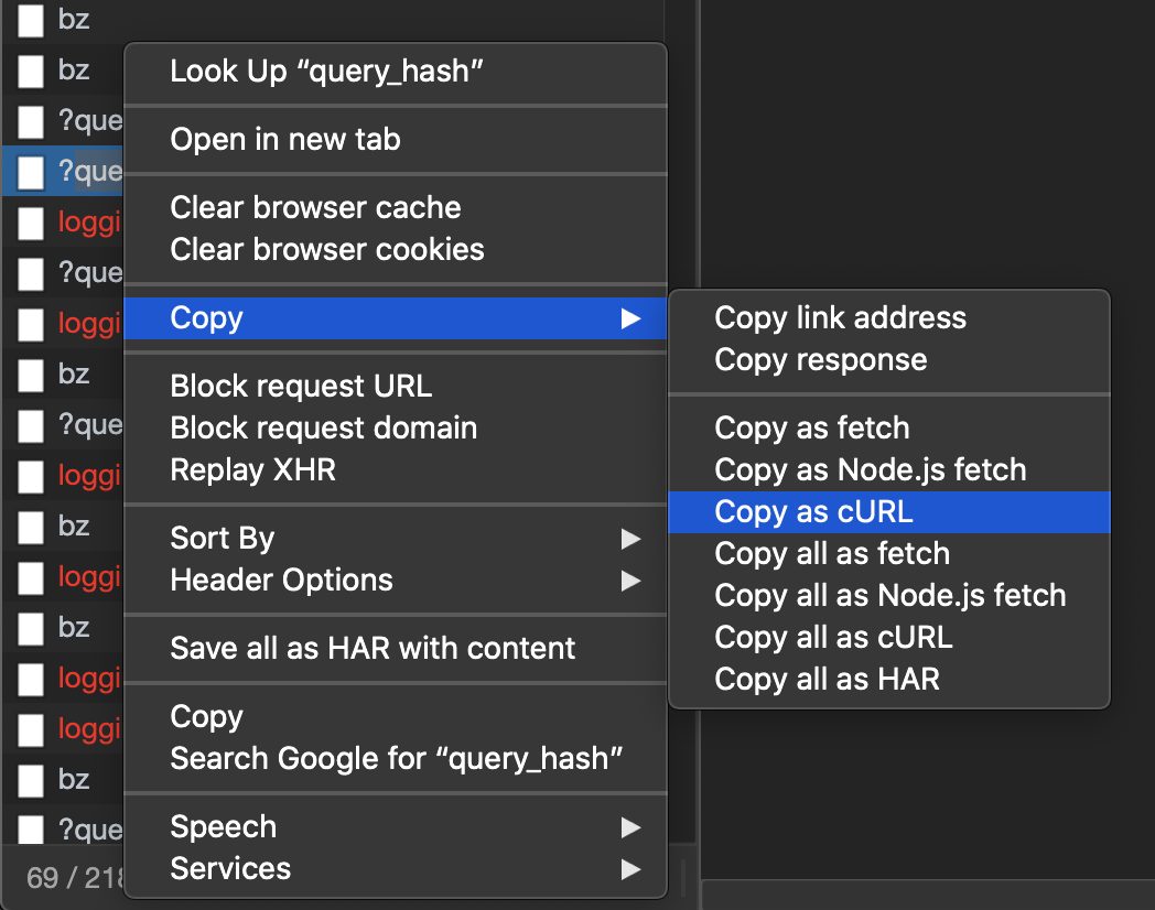 Copying a network request as cURL